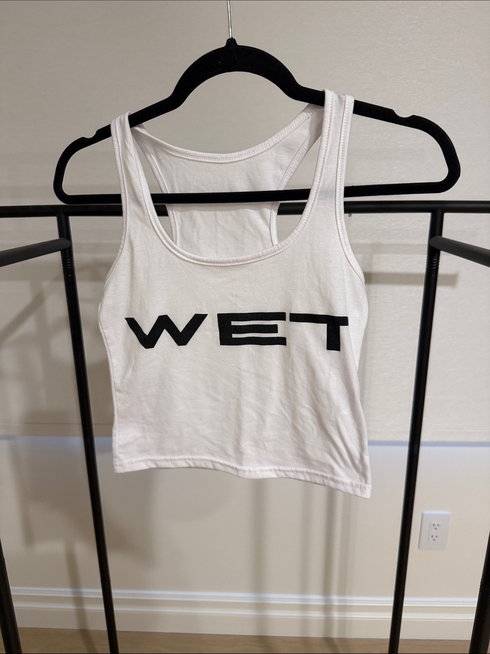 White Graphic Crop Tank Top with Black 'WET' Logo